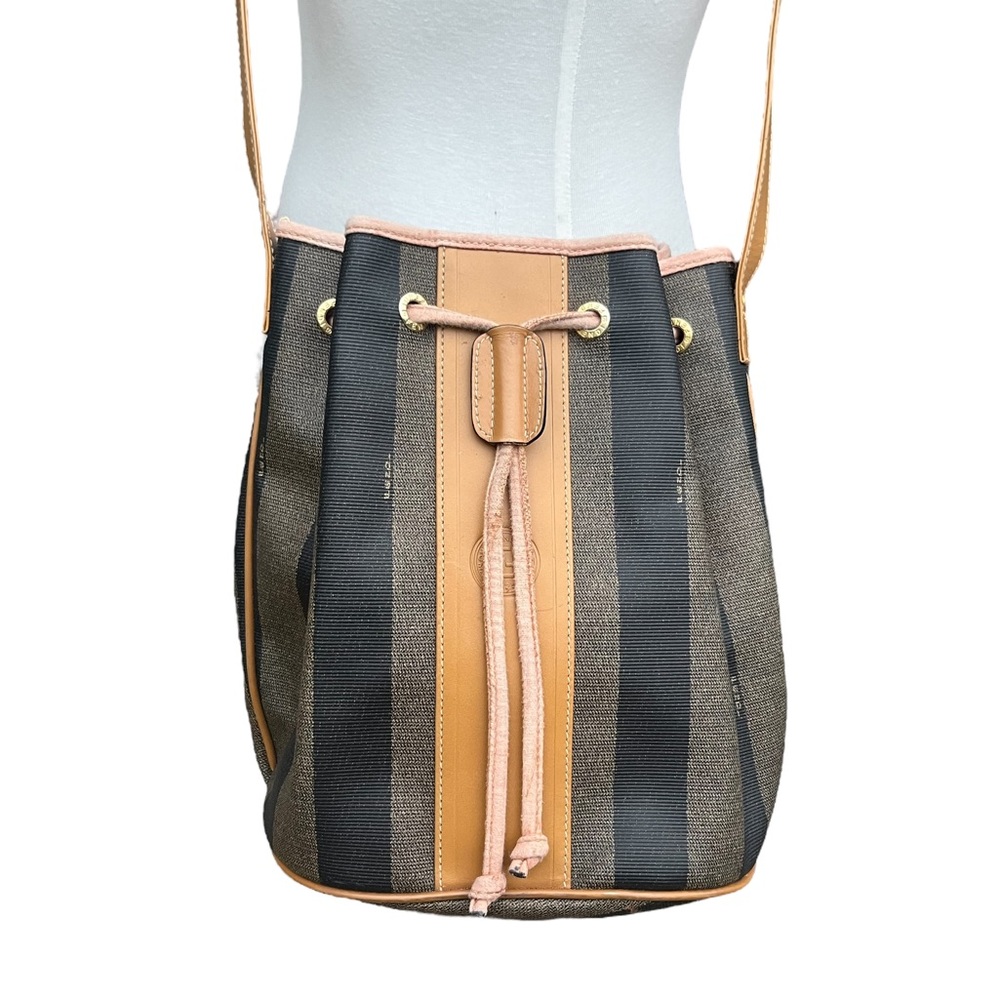 Vintage Fendi Pequin Pvc Leather Bucket Bag Small Crossbody Drawstring Used
